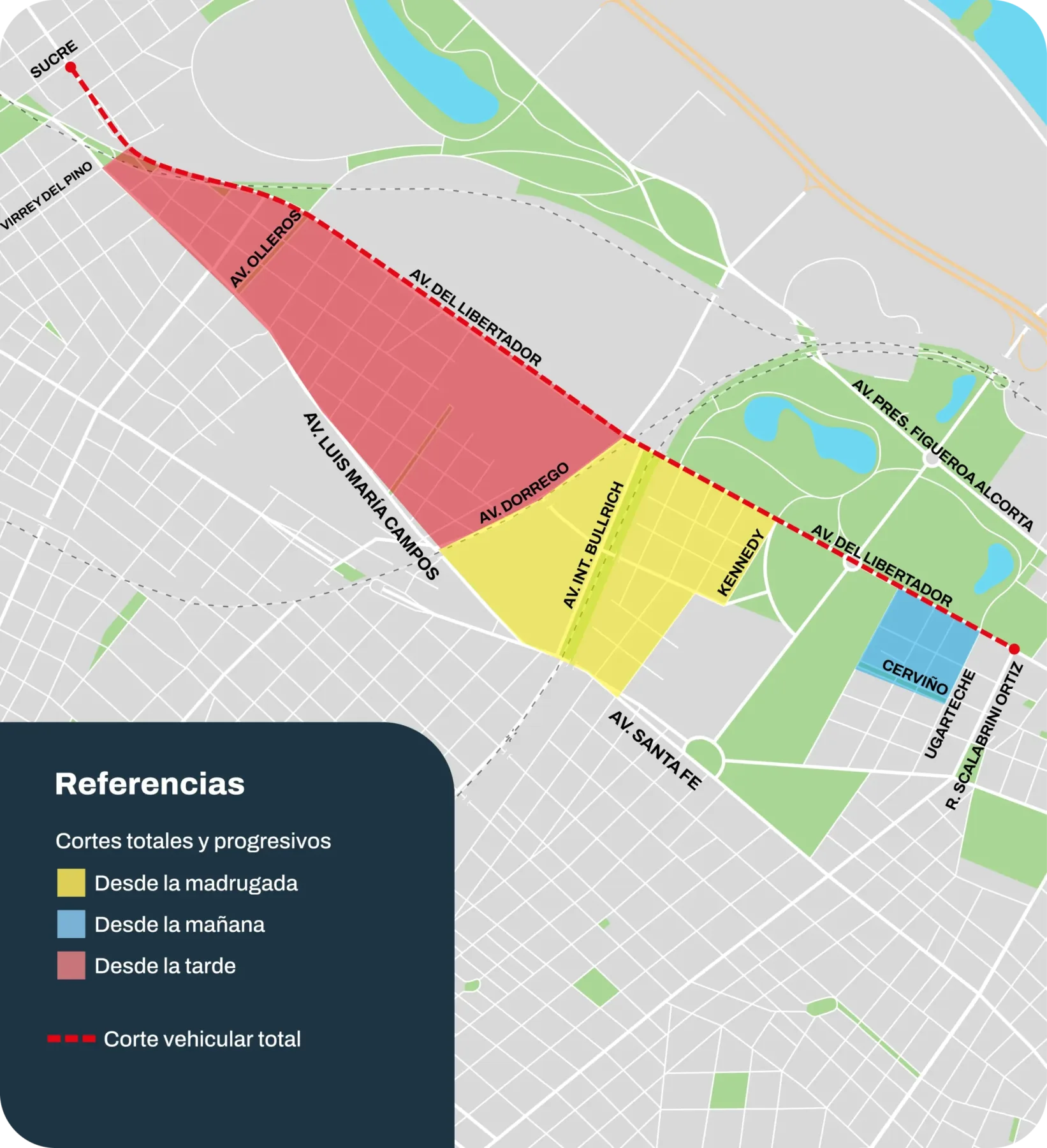 Mapa das ruas interditadas em Palermo, Buenos Aires, durante a visita do Papa Leão XIV, com bloqueios na Avenida del Libertador e arredores.