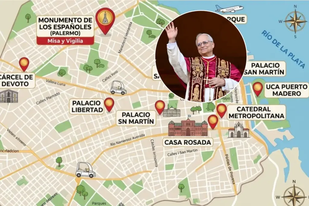 Mapa dos locais previstos para a visita do Papa Leão XIV a Buenos Aires. (Imagem: Reprodução / Buenos Aires Secreta)